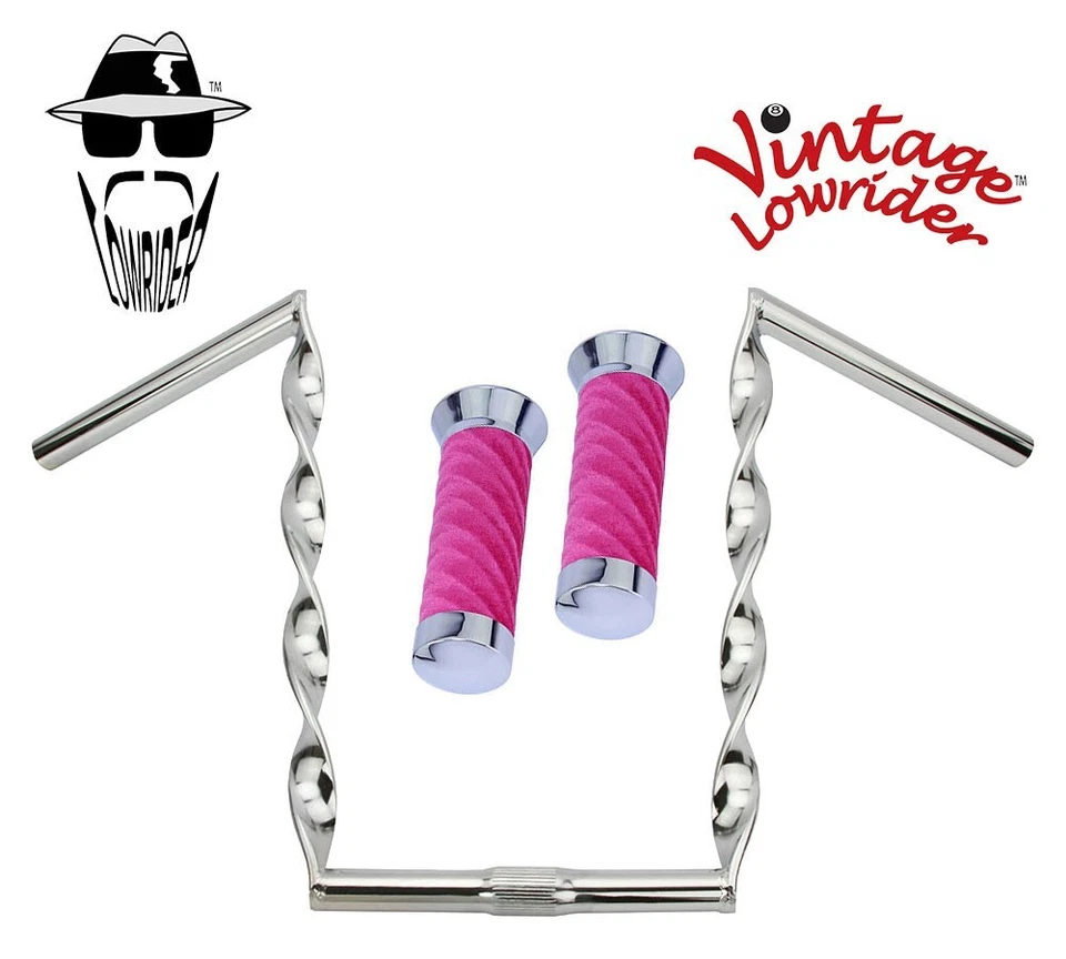 Manillar Lowrider De Colección Plano Torcido 15" 25.4mm Cromo y Empuñaduras Terciopelo Remolino Rosa Foto 1 de 1