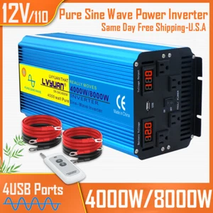4000W 8000W Power Inverter Pure Sine Wave 12V to 110V 4 Sockets Remote Control - Picture 1 of 10