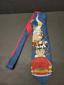 VTG 1994 Looney Tunes Mens Tie Taz Bugs Bunny Tweety Red Car Blue - Picture 1 of 5
