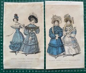 Impresiones antiguas de 1829 x 2; placas de moda.  Vestidos de noche para caminar y paseo marítimo - Imagen 1 de 3