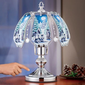 Winter Woodland Wolves Scene Glass 3-Way Touch Table Lamp Silver Base Home Decor - Picture 1 of 4
