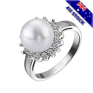 18K White Gold Filled Clear CZ Crystal Big Seashell Pearl Ring Gift 