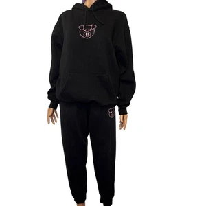 Pig Embroidered Matching Black Hoodie Sweatpants Set Loungewear - Picture 1 of 13