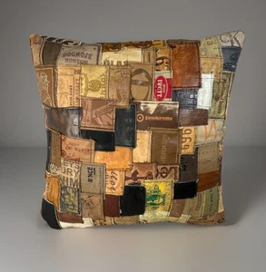 Folk Art Handmade Jean Tags Patchwork Pillow Leather Labels Southwestern Decor - Picture 1 of 24