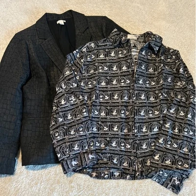 Chicos Blazer 1 中号黑色白色纹理浮雕丝绸混纺 2 件装夹克 — 第 1/4 张图片