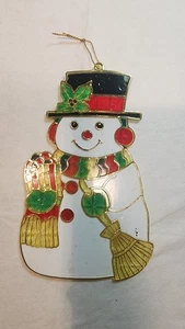 Vintage Plastic Stained Window Sun Catcher Christmas Snowman with broom and gift - Picture 1 of 3