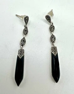 Vintage Sterling With Onyx & Marcasite Dangle Earrings - Picture 1 of 5