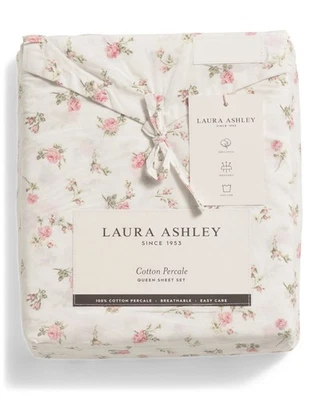 NOVOS Lençóis QUEEN RoseBud Floral QUEEN Laura Ashley ROSA & Verde & Branco  - Imagem 1 de 2