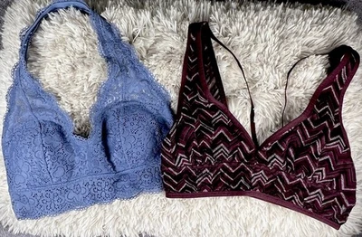 AERIE Bralette Bundle Blue Padded Lace Halter Sz Lg  Burgundy Sz Lg No Pad - Image 1 of 4