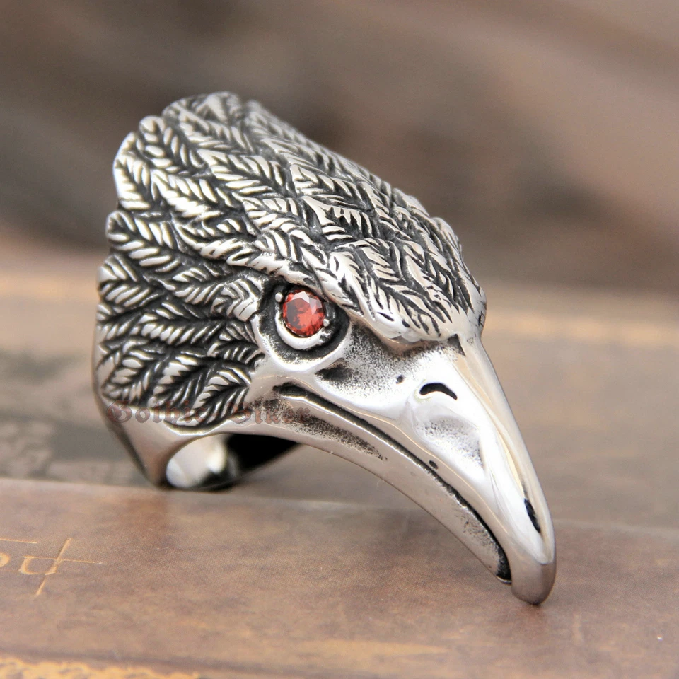Anillo de hombre enorme águila halcón ojos circonita roja 316L acero inoxidable motociclista retro plateado Foto 1 de 4