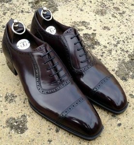 Handmade Men's Genuine Chocolate Brown Leather Toe cap Lace up Shoes