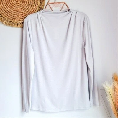 Ann Taylor, Pearl Gray Draped Mock Neck Stretch Knit Top Womens Size Large New - Image 1 of 4