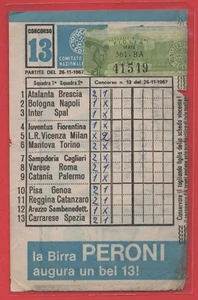 SCHEDINA TOTOCALCIO CONI CONCORSO N°13 DEL 26-11-1967 PUBBLICITA' BIRRA PERONI - Imagen 1 de 1