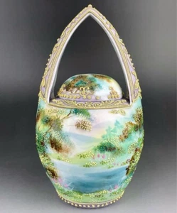 Antique Nippon Moriage Basket Vase w/ Lid – Art Nouveau Beaded Porcelain, 18.3cm - Picture 1 of 17