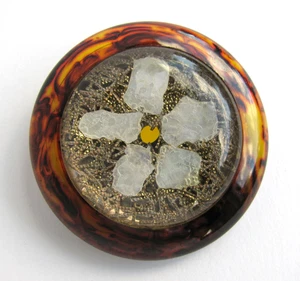 Vintage Faux Tortoise Bakelite Button Shell MOP Flower & Metal Foil Under Lucite - Bild 1 von 5