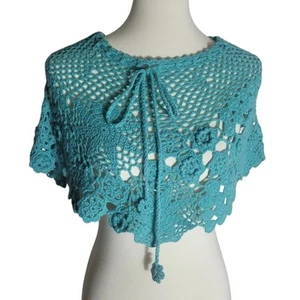 Lord & Taylor Häkel Poncho Oberteil Damen Einheitsgröße türkis Blumen Boho Hippie Festival - Bild 1 von 12