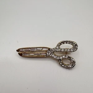 Coppia di forbici vintage spilla baguette trasparente strass spilla tono argento - Foto 1 di 4