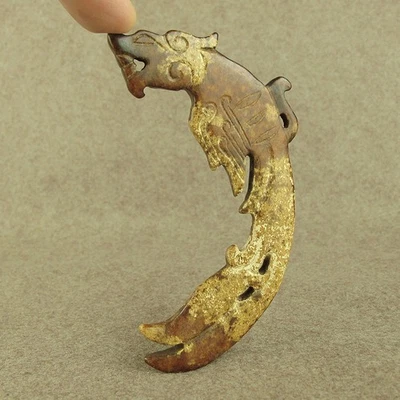 Shang Dynasty Chinese Antique Jade Carved Phoenix Tail Dragon Hanging Pendant - Image 1 of 4