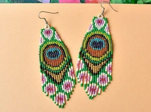 Tribal Earrings Native Large Boho American Seed Beads Handmade Earring - Picture 1 of 8