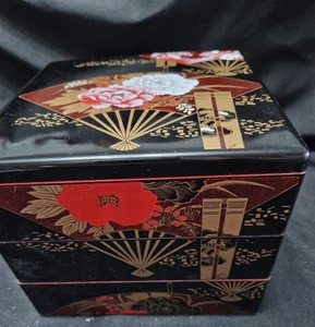 Japanese Lacquerware Style Jubako Box 3 Tier Fan and Flower Design - Picture 1 of 6
