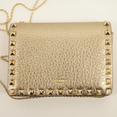 VALENTINO GARAVANI Pebbled Calfskin Rockstad Wallet on Chain w COA-Free Ship USA - Image 1 of 4