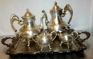 Juego de café y té plateado sobre cobre con bandeja grande de mayordomo Sheridan década de 1940 juego de 6 piezas - Imagen 1 de 12
