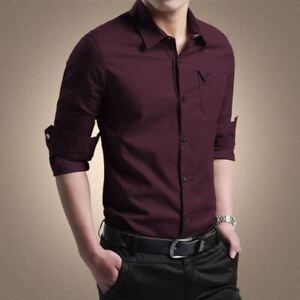 Men Cotton Cargo Shirt Korean Slim Military Style Long Sleeve Casual Basic Shirt
