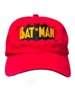 Batman Red Baseball Cap with Yellow Letters Bat Logo Superhero Adult Adjustable - Picture 1 of 7