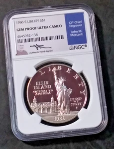 1986-S Liberty Silver Dollar NGC Gem Proof Ultra Cameo Signed Mercanti (827) - Picture 1 of 2
