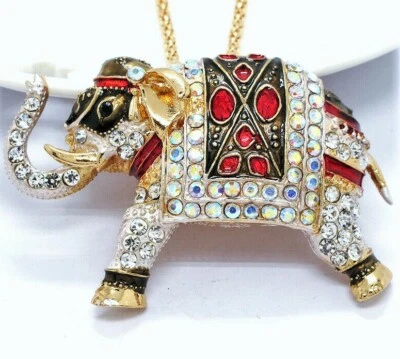 Majestic White Decorated ELEPHANT Ganesh Rhinestone Enamel Betsey Johnson Brooch - Image 1 of 3