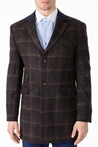 Jack Martin - Peaky Blinders Brown & Navy Check Tweed Wool Overcoat - Picture 1 of 7