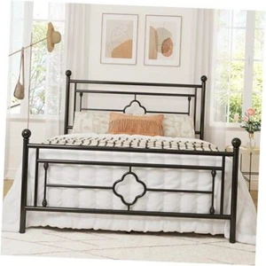 Size Metal Platform Bed Frame with Victorian Vintage Headboard and Queen Black - Picture 1 of 7