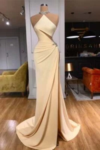 Sexy Meerjungfrau Neckholder Abend Abschlussball Kleid Perlen Pailletten Schlitz Promi Party Kleider - Bild 1 von 5