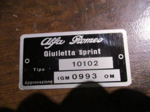 Placa De Identificación Alfa Romeo 10102 IGM 0993 Giulietta Sprint S37 - Imagen 1 de 1