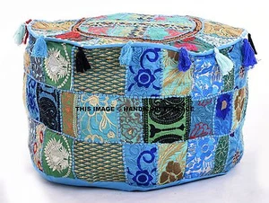 Indian Round Bohemian Patchwork Embroidered Ottoman Poufs Pouffe Foot Stool Art - Picture 1 of 3