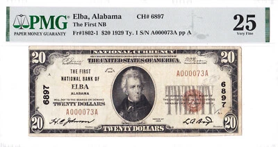 $20 1929 T1 National ELBA Alabama AL 🇺🇸 Mega Rare! PMG 25! Best Known! 🇺🇸 - Image 1 of 2