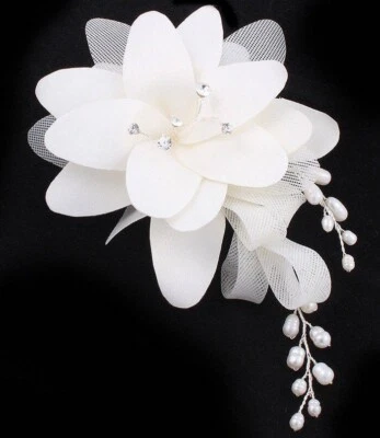 Wedding ivory organza flower Fresh water Pearl & CZ Bridal Hair Comb / 4413 - Image 1 of 3