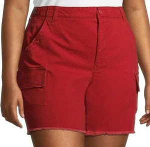 Terra & Sky Women's Plus Denim Utility Shorts Size 22W Rustic Red Frayed Hem - Picture 1 of 4