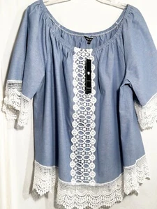 WOMENS NEW 3XL XXXL BLUE W/ WHITE LACE ELASTIC NECKLINE SHORT SLEEVE BLOUSE - Picture 1 of 6