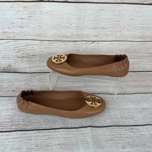 Tory Burch Minnie Travel Damengröße 8,5 Ballerinas royal hellbraun goldfarbenes Leder – WOR - Bild 1 von 9