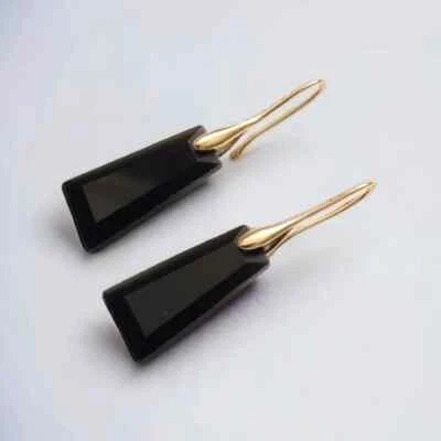 Trapezoid Obsidian Drop Earrings, Geometric Dangle Earrings Black Gemstone Jewel - Image 1 of 2