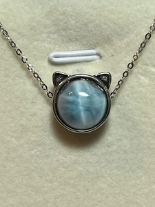 Silver Blue Larimar Kitty Cat 925 Sterling Silver Chain - Picture 1 of 9