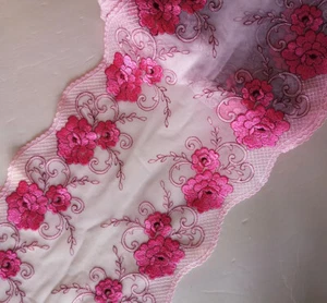3 Yards 8" Wide Baby Pink Stretch Tulle Lace/Embroidered Hot Pink Flower eh0229 - Picture 1 of 2