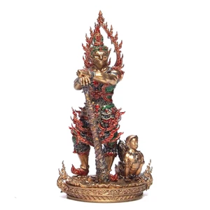 Thailändisches Amulett Thao Wessuwan Kuvera 4" hohe Statue emailliert Bronze Wat Bo BE2565 - Bild 1 von 19