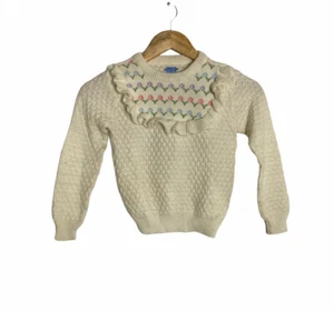 Vintage 80s Girls Waffle Knit Ruffle Sweater Embroidered Size 6 Country Cottage - Picture 1 of 4