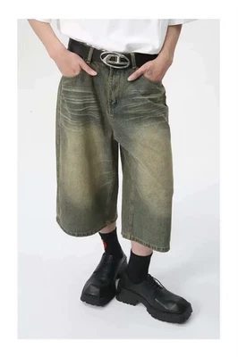 Pantalones Cortos Lavados Hombres Sueltos HipHop Y2K Retro Cian Denim de Alta Calidad Foto 1 de 4