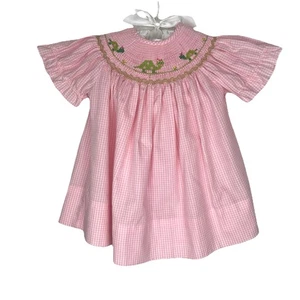 AMANDA REMEMBERED Pink Gingham Smocked Embroidered Green Turtle Dress 12 Months - Picture 1 of 5