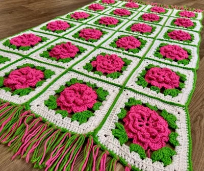 Manta afgana ganchillo vintage 3D rosa abuela cuadrada rosa verde flecos 60x32 Foto 1 de 4