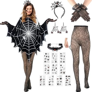 17 Teile Halloween Gothic Spinne Frau Kostüm inklusive Spinnennetz Poncho Headba... - Bild 1 von 6