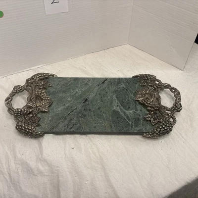 Vintage Godinger Silver Plated Grape & Vine Green marble Serving Tray - Image 1 of 4